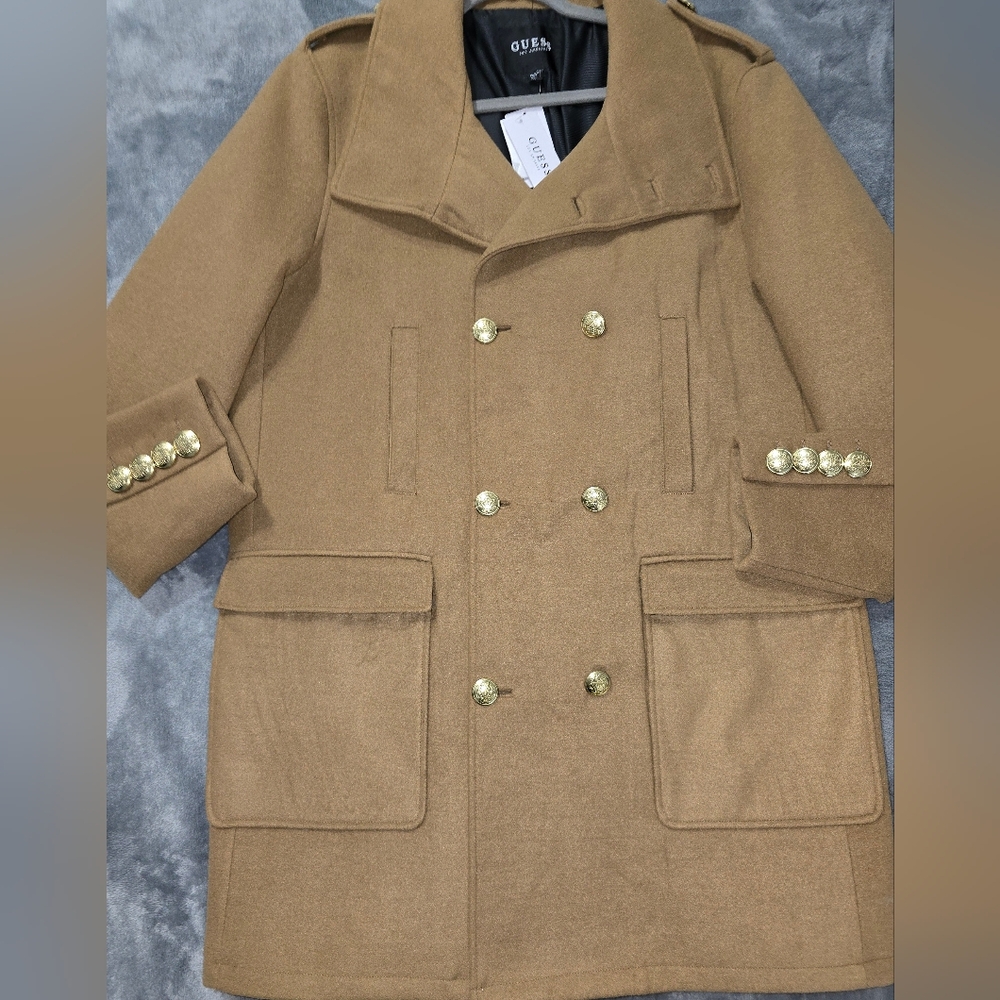 Guess Men Solid Long Sleeve Trench Coat, Brown, Size L.